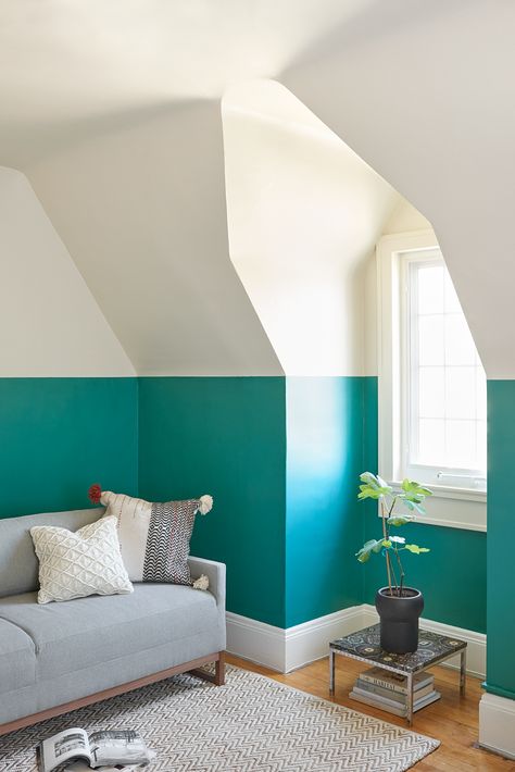 this two-tone thing works even in a tiny room with angled ceilings… below: farrow & ball vardo, above shadow white Green Bedroom Paint, Half Painted Walls, Two Tone Walls, Teal Walls, Best Paint Colors, Trendy Living Rooms, Bedroom Paint Colors, Trendy Bedroom, Bedroom Green