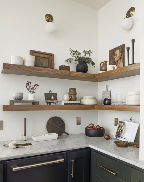 Portfolio | Kelsey Leigh Design Kitchen Shelf Styling Modern, Kelsey Leigh Design, Counter Styling, Tea Board, Floating Kitchen, Kitchen Floating Shelves, Homestead Kitchen, Dining Room Shelves, Urban Homestead