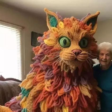 😺 mainecoon my life on Instagram: "An 80-year-old grandmother finishing her giant cat crochet 🧶 🐈 📌Photo source via web🌐 Artist IG @ai.artandcat 🩷 #catslovers #Pinterest #tumblr #kittyloverzone #catsfacts #paws #prr #bff #cataddicts #petslover #viral #share #fyp #adoptdontshop #furryfriends #cataddict #catstagram #cutecats #dailycats #cats #artificialintelligence #meow #mainecoon #mainecooncat" Big Amigurumi, Giant Cat, Crochet Cat Pattern, Cat Crochet, Pinterest Tumblr, Cat Facts, Large Cats, December 11, Crochet Cat