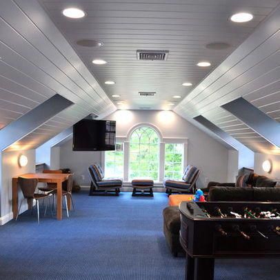 Bonus Room Above Garage Design, Pictures, Remodel, Decor and Ideas - page 6 #garageworkshopideassmall Bonus Room Design, Room Above Garage, Garage Game Rooms, Attic Renovation Ideas, Bonus Room Ideas, Hangout Room, Attic Playroom, Attic Ideas, Game Room Ideas