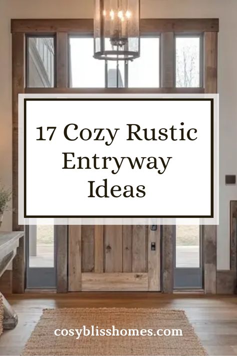 17 cozy rustic entryway ideas featuring woven rugs and natural materials for a welcoming atmosphere. Perfect inspiration for stylish home decor. Modern Rustic Doors, Welcoming Entryway Front Entry, Cabin Entry Way Ideas, Farm Style Entryway, Entry Door In Living Room, Modern Rustic Doors Interior, Ski House Entryway, Cabin Foyer Entrance, Wall Next To Front Door Decor Inside