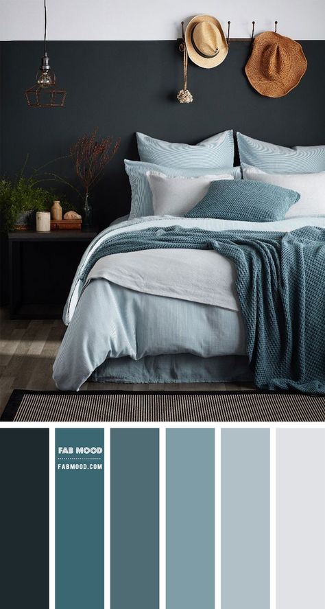 Why settle for one paint color when you can choose two? See this inspiring two–tone walls in charcoal and light grey smoke color. If this a beach bedroom bright... Blue Gray Bedroom, Wedding Color Palettes, Teal Bedroom, Themes Wedding, Colors Wedding, Grey Bedroom, Bedroom Color, Bedroom Color Schemes, Bedroom Paint Colors