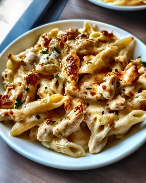 Indulge in this creamy mozzarella & chicken pasta! Quick, cheesy, and utterly delicious, it's perfect for weeknight dinners. #CheesyPasta #WeeknightDinner #QuickMeals #PastaLove Baked Creamy Chicken Mozzarella Pasta, Dishes With Fresh Mozzarella, Chicken Mozzarella Pasta Recipes, Chicken Cheesesteak Pasta, Mozzarella Chicken Recipe, Italian Dinner At Home Aesthetic, Mozzarella Dinner Recipes, Pasta With Fresh Mozzarella, Cheesy Chicken Pasta Recipes