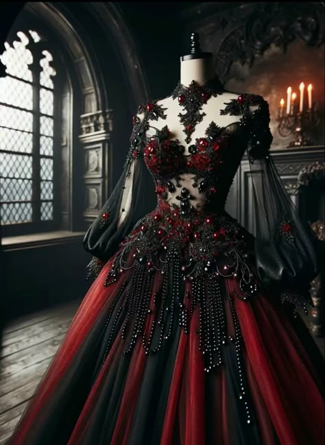 Red And Black Wedding Dress Goth, Vampire Gown, Gothic Ball Gown, Villain Dresses, Goth Wedding Dresses, Vampire Ball, Fantasy Ball, Queen Of Halloween, Go Big Or Go Home