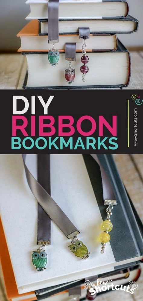 Looking for a beautiful handmade gift for a book lover in your life? Make these DIY Ribbon Bookmarks and customize them with charms. |@AFewShortcuts #diy #crafts #bookmarks #homemadegift Crafts Bookmarks, Homemade Bookmarks, Ribbon Projects, Bookmark Crochet, Handmade Bookmarks Diy, Bookmarks Diy, Charm Bookmark, Diy Crafts Bookmarks, Ribbon Craft