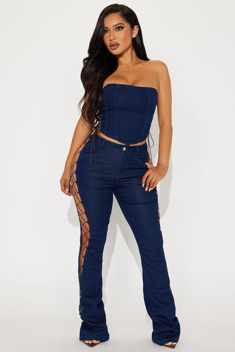 Available In Dark Wash. Pant Set Tube Top Lace Up Detail High Rise Flare Pant Stretch 33" Inseam Disclaimer: Due To The Specialized Wash, Each Garment Is Unique. Self: 56% Cotton 22% Polyester 20% Rayon 2% Spandex Imported | Dallas Lace Up Pant Set in Dark Wash size 1X by Fashion Nova Fashion Nova Outfits Baddie, Glam Closet, Female References, Without Warning, Podcast Studio, Club Fits, Fashion Nova Outfits, Bond Girls, Flare Pant