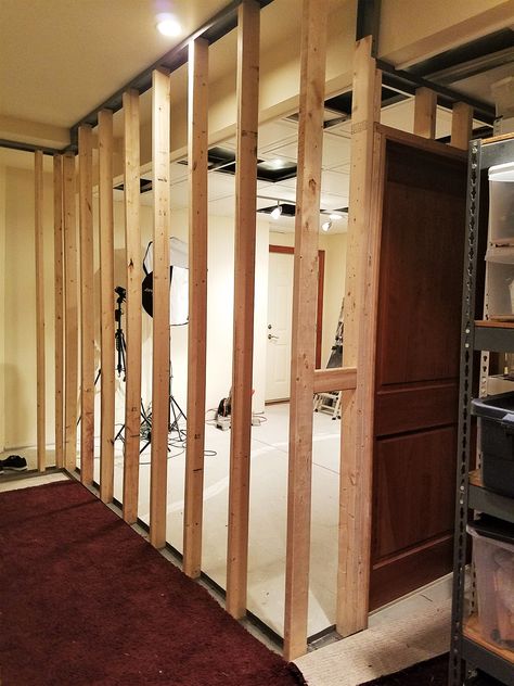 Build A Partition Wall, Building A Wall With A Door, Framing A Basement Wall, Diy Framing A Wall, Diy Build A Wall Cheap, Diy Door Frame Ideas, How To Build An Interior Wall, Build An Interior Wall, Cheap Basement Wall Ideas Easy Diy