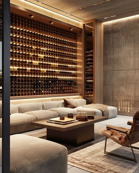 Wine Bar In Living Room Ideas, Wine Cellar With Seating, Wine Room Ideas In House, Wine Storage Room, Modern Wine Bar, Whisky Room, Luxury Home Bar, Cellar Inspiration, Wine Cellar Modern