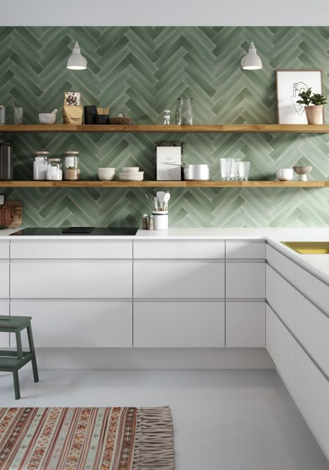 Minimalistic white kitchen with green herringbone tiles by @aubo_danmark. This fresh-looking kitchen of great quality is an amazing solution for every lover of clean, natural and Scandinavian design. Herringbone Tiles Kitchen, Green Kitchen Backsplash, Green Tile Backsplash, Light Green Kitchen, Herringbone Tiles, Herringbone Kitchen, Modern Kitchen Renovation, Kitchen Splashback Tiles, Green Backsplash