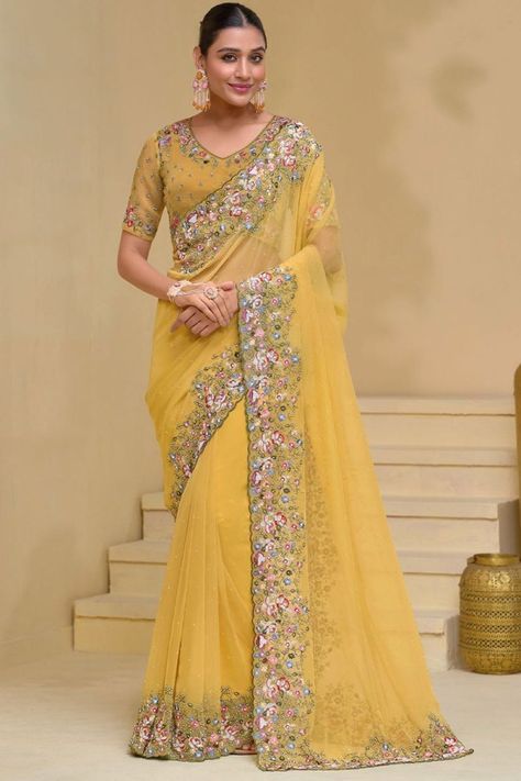 Maize Yellow Pure Banarasi Tuscany Designer Saree Latest Fancy Sarees Party Wear, Embroidery Saree Designs Latest, Latest Fancy Sarees, Embroidery Saree Designs, Saree Designs Latest, Saree Wedding Designer, Saris Indian, Reception Saree, Indian Wedding Sarees