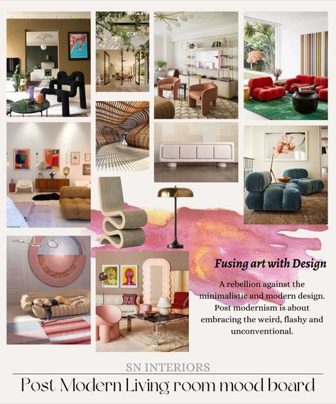 A mood board of a post modern living room design. Post Modern Living Room, Postmodern Interior, Modern Mood Board, Postmodern Interior Design, Modern Living Room Design, Mood Board Inspiration, Product List, Post Modern, Living Room Design