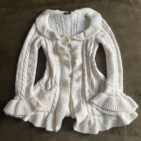 Coquette white ruffle cardigan. Mori kei fairy knit... - Depop White Knitted Cardigan Outfit, Abbey Core, Fancy Cardigan, Thrift Outfits Ideas, Mori Kei Outfits, Thrift Outfits, Knit Cardigan Outfit, Coquette White, Cutesy Clothes