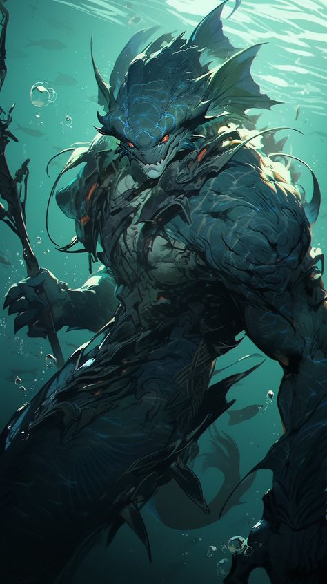 The marine monsters known as Merrow! These corrupted Merfolk terrorize the oceans attacking all who venture to the sea! They usually inhabit underwater caves, filling it with the plunder! If you ever see bodies of victims tied underwater that is Merrow territory! Underwater Humanoid Creatures, Fantasy Sea Monsters Concept Art, Sea Creature Oc Male, Merrow Dnd, Aquatic Monster Concept Art, Sea People Fantasy Art, Aquatic Dnd Character, Merfolk Warrior, Ocean Knight