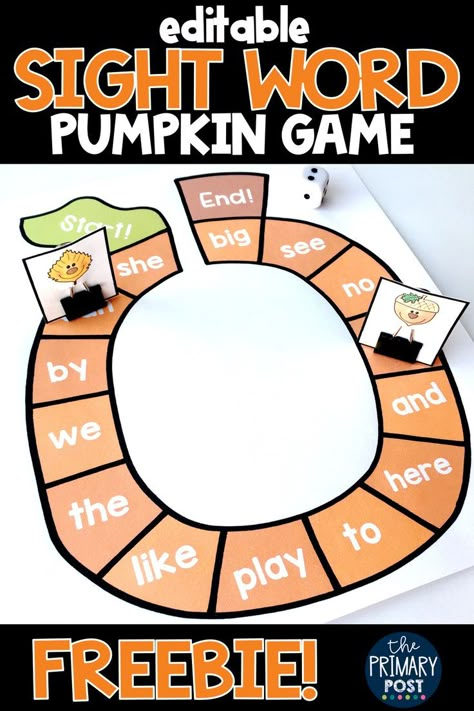 Pumpkin Sight Word Activities, Sight Word Practice Ideas, Fall Sight Word Activities, Sight Word Games For First Grade, Free Sight Word Games, Fall Literacy Centers, Pumpkin Game, Game For Kindergarten, October Classroom