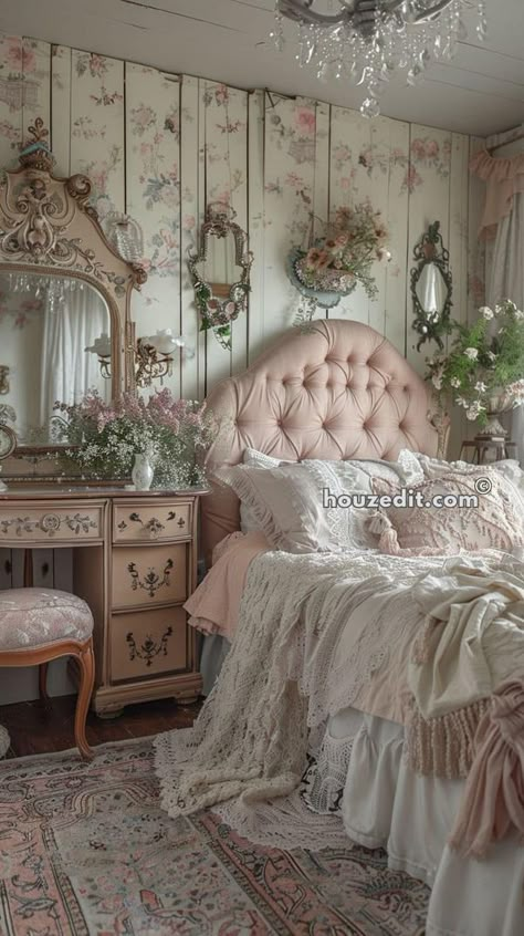 Shabby Chic, Vintage | Gorgeous 🤍🤍🤍🤍🤍🤍 Coquette Aesthetic Room, Feminine Interior, Pink Angels, Cottage Bedrooms, Feminine Room, Romantic Coquette, Pink Bedroom Design, Shabby Chic Bedroom Furniture, Enchanted Cottage