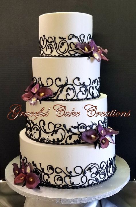 Purple Black Wedding Cake, Wanda Cake, Cake Designs Purple, Wedding Theme Ideas Black, Purple Black And White Wedding, Wedding Cake Designs Purple, Black Lace Wedding Cake, Mango Wedding, White Wedding Theme Ideas