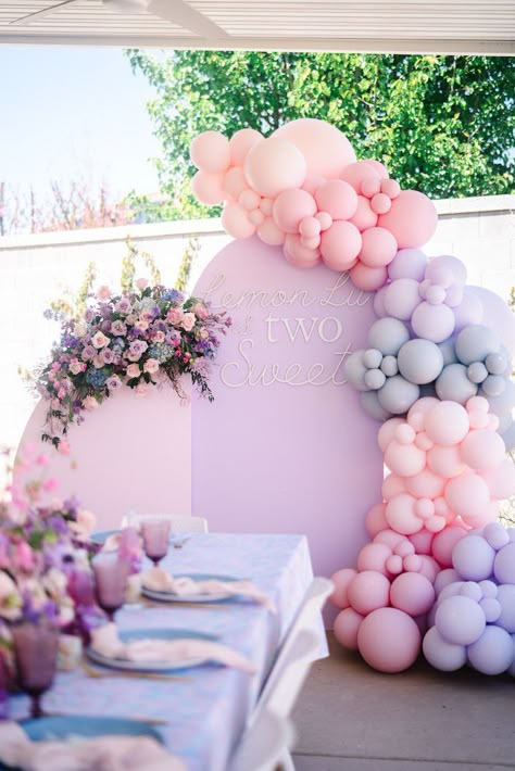 Pink Blue Purple Balloon Garland, Pink Blue Purple Birthday Party, Pink Pastel Balloon Garland, Pink And Purple 1st Birthday Party, Blue Pink Balloons, Light Blue And Pink Birthday Party Decorations, Pink And Lilac Balloon Garland, Pastel Pink And Purple Balloon Garland, Pastel Balloon Arch Backdrop