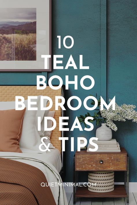 10 Teal Boho Bedroom Ideas (Stunning Color Tips) - Quiet Minimal - Interior Design Inspiration & Ideas Bedding For Teal Walls, Teal Bedroom Furniture Ideas, Peacock Wall Color, Teal Bedding Ideas Bedroom, Peacock Color Bedroom Ideas, Boho Bedroom With Dark Walls, Dark Teal Boho Bedroom, Turquoise Wall Bedroom, Teal Furniture Bedroom