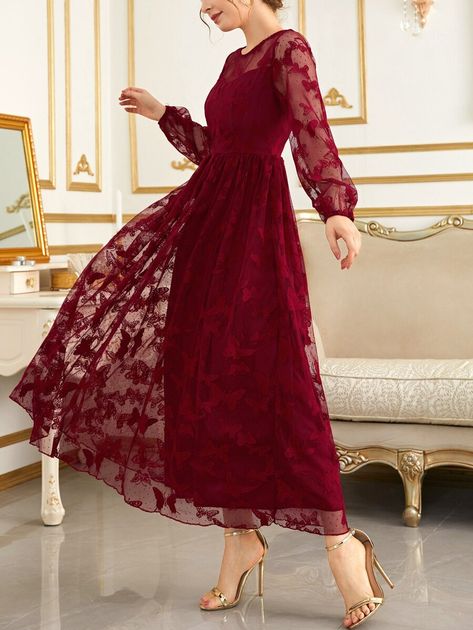 SHEIN Modely Butterfly Embroidery Mesh Lantern Sleeve Dress | SHEIN USA Red Butterfly Dress, Flower Dress Formal, Sheer Fabric Dress, Maxi Dress For Wedding, Burgundy Party, Simple Maxi Dress, Vestido Shein, Simple Long Dress, Butterfly Sleeve Dress