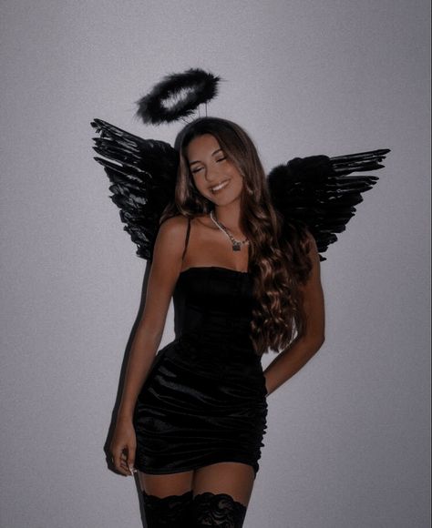 Dark Angel Aesthetic Costume, Dark Angel Costume Aesthetic, Black Angel Costume Aesthetic, Fallen Angel Aesthetic Costume, Black Angel Costume Halloween, Black Angel Outfit, Angel Costume Aesthetic, Dark Angel Halloween Costume, Single Costumes