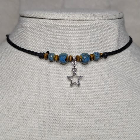 Star Charm Blue Ceramic Wooden Beaded Boho Hippie Y2k Adjustable Black Rope Cord Choker Necklace Comes On An Adjustable Waxed Black Cord Necklace. Necklace Is Adjustable From Approximately 13" To 22". Cute Homemade Beaded Necklaces, Rope Choker Necklace, Blue Hippie Jewelry, Fall Beaded Chokers, Hippie Bead Jewelry, Y2k Choker Necklace, Choker Necklace Beaded, Cute Homemade Necklaces, Star Beads Pattern