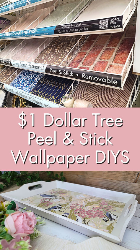 Get ready for some fun DIY projects using Dollar Tree's peel and stick wallpapers! I'll share my favorite tips and hacks for making beautiful home decor using these wallpapers. #dollartree #dollartreediy #diyhomedecor #crafts Dollar Tree Flooring Diy, Dollar Tree Wallpaper Crafts, Dollar Tree Peel And Stick Wallpaper Ideas, Dollar Tree Home Decor Ideas Diy Bedroom, Fun Diy Home Decor Projects, Dollar Store Backsplash, Dollar Tree Stick On Tile, Dollar Tree Diy Crafts To Sell, Dollar Store Wood Crafts Diy Projects