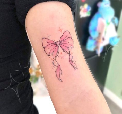 Pink Girly Tattoos, Pink Bow Tattoos, Pink Ribbon Tattoos, Barbie Tattoo, Bow Tattoo Designs, Crown Silhouette, Tattoo Design For Hand, Pink Tattoo, Ribbon Tattoos