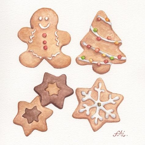 Christmas Cookie Illustration, Christmas Food Drawing, Cookie Logo, Cookie Drawing, Watercolor Cookies, Art Homework, Christmas Sketch, Food Drawings, Simple Christmas Cards