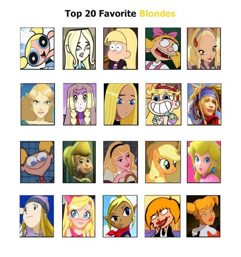 Top 20 Favorite Blonde-Haired Gals by PurfectPrincessGirl Blonde Character Costumes, Blond Characters Halloween, Blond Hair Character, Blond Cartoon Characters, Blonde Cartoon Characters Aesthetic, Iconic Blonde Characters Cartoon, Blond Hair Halloween Costumes, Girl Cartoon Characters From Tv Shows, Characters With Blonde Hair