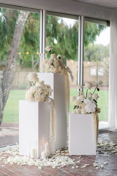 White Plinth, Wedding Pillars, Modern Wedding Ceremony, Modern Wedding Reception, Minimalist Wedding Decor, Aisle Flowers, Wedding Reception Flowers, Church Flowers, You're Invited