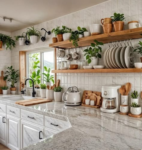 Floating Shelves Kitchen, Boho Kitchen, Kitchen Inspiration Design, Styl Boho, Apartment Kitchen, Decoration Idea, Kitchen Inspo, Kitchen Shelves, Dream House Decor