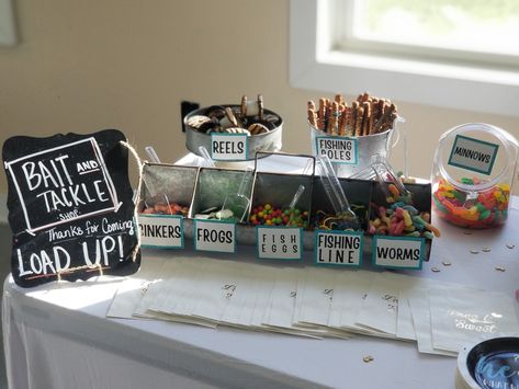 Gender Fishing Reveal Ideas, Fish Gender Reveal Centerpiece, Fish He Or Fish She Gender Reveal Cookies, Bait Bar Fishing Party Ideas, Fish Gender Reveal Ideas For Party, Bows Or Bobbers, Baits Or Bows Gender Reveal Decorations, Ice Fishing Gender Reveal, Gender Reveal Ideas For Party Fishing