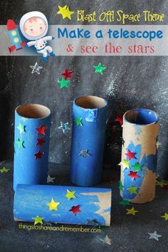 Learning About the Stars Our first week of the space theme covered: stars sun moon astronomer clouds We made our own stargazer telescopes so we could pretend to be an astronomer. We used blue paint with a little silver glitter paint to paint a cardboard roll. Then we added sparkly star stickers. We learned about...Read More » Creative Art Space, Space Activities Preschool, Space Lesson Plans, Space Theme Preschool, Space Week, Space Activities For Kids, Space Lessons, Space Preschool, Space Crafts For Kids