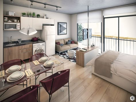 Studio apartments are notoriously difficult to decorate - especially within smaller layouts. The simplest approach is to create a coordinated style that extends Reka Bentuk Bilik Tidur, Apartemen Studio, Minimalist Studio Apartment, Tiny Studio Apartments, Studio Layout, Studio Apartment Design, Studio Apartment Living, Hiasan Bilik Tidur, Small Apartment Interior