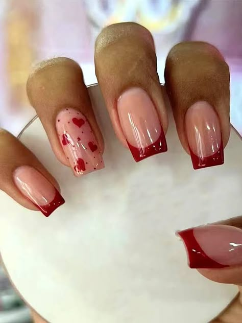 Pink And Red Valentine Nails Acrylic, Simple Square Nail Designs, Biab Designs, Red And Pink Nails, Valentine Nails Pink, Bday Nails, Nails Painted, Vday Nails, Yellow Cartoon