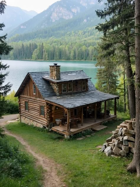 Colonial Cabin, House Cabin Style, Log Cabin Tiny House, Rustic Cabin Exterior, Cabin Aesthetic, Log Cabin Rustic, Forest Cottage, Small Log Cabin, Cabin Tiny House