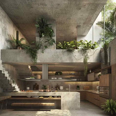 76 Brutalist Kitchens: Merging Concrete Coolness with Tropical Luxe Brutalist Design Interior, Industrial Tropical Interior, Eco Brutalist Interior, Modern Concrete Interior Design, Industrial Tropical Interior Design, Eco Brutalism Interior, Eco Brutalism Architecture, Brutalist House Design, Brutalist Architecture House