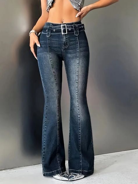 Women's High waist Belted Flared Jeans Classic Denim Bell - Temu United Kingdom Moda Denim, Shein Icon, Pullover Outfit, Outfit Jeans, Flare Leg Jeans, Women Denim Jeans, Bell Bottom, Denim Flares, Flared Jeans