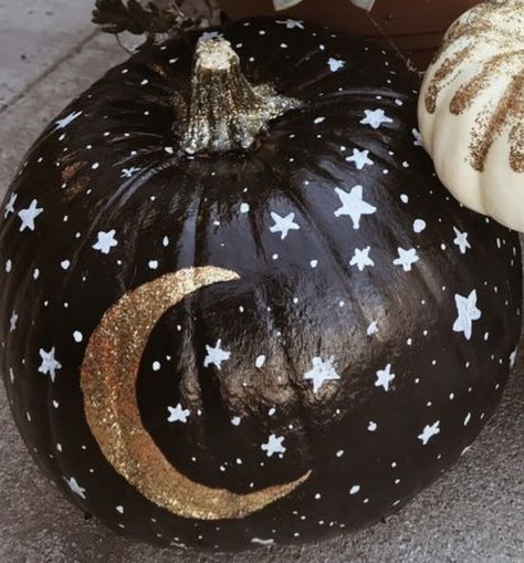 Glitter Painted Pumpkins, Night Sky Pumpkin Painting, Large Pumpkin Painting Ideas, Pumpkin Decorating Paint Simple, Painted Mini Pumpkins Halloween, Painted Orange Pumpkins, Witchy Painted Pumpkin, Black Painted Pumpkin Ideas, Taylor Swift Pumpkin Decorating