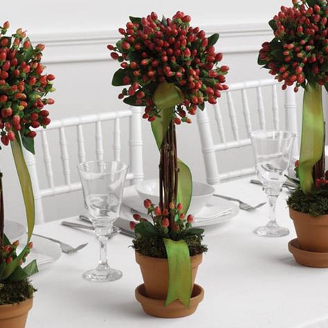 Red Berry Topiary Centerpieces Christmas Topiaries, Topiary Wedding, Non Floral Centerpieces, Floral Topiaries, Topiary Centerpieces, Topiary Diy, Christmas Topiary, Holiday Flower, Topiaries