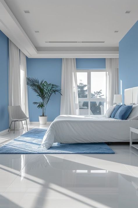 29 Minimal Blue Bedroom Ideas 22 Sky Blue Room Ideas, Sky Blue Bedroom Ideas, Sky Blue Room Ideas Bedroom, Beach Dates, Villa Decor, Blue Bedroom Ideas, Peaceful Bedroom, Minimal Bedroom, Minimal Furniture