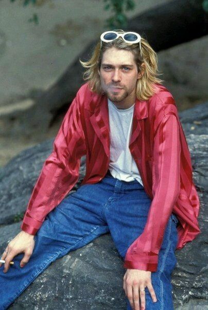 A Rock, Kurt Cobain, Nirvana, A Man, Long Hair, Red, Hair, Blue, White