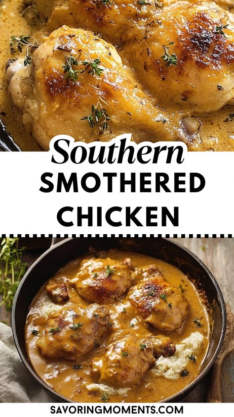 Tender chicken thighs simmered in a rich, creamy gravy with onions and garlic, creating a mouthwatering Southern classic. Comfort food at its best, perfect for family dinners or cozy nights in. Craving something new? Get the recipe here. #southernchicken #comfortfood #smotheredchicken #chickenrecipe #southernrecipes #homemadegravy #easychickenrecipes #chickendinner #weeknightmeals #soulfood Gravy Smothered Chicken, Chicken And Rice With Gravy Recipes, Roasted Chicken And Gravy, Crock Pot Chicken And Gravy Recipes, Kentucky Fried Chicken Gravy Recipe, Baked Chicken In Gravy, Southern Fried Chicken Recipe Soul Food, Southern Smothered Chicken Recipes, Smothered Chicken With Gravy Southern