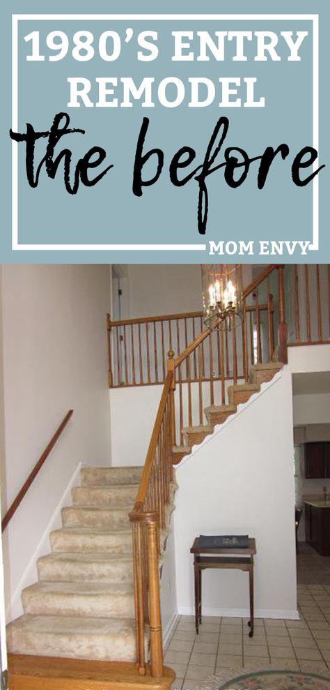 One Room Challenge: 1980's Entry Way Remodel - Farmhouse Style Entry Foyer Ideas Entryway Stairs, Entryway Color Ideas, Entry Farmhouse, Staircase Remodel Diy, Stair Landing Decor, Stairway Makeover, Foyer Colors, Entry Remodel, Entrance Ideas Entryway