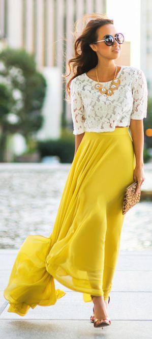 Women's fashion | White crochet top, vaporous yellow maxi skirt Yellow Skirt Outfit, Yellow Skirt Outfits, Yellow Maxi Skirt, Outfit Yellow, Skirt Diy, Pencil Skirt Outfits, Maxi Skirt Outfits, Yellow Maxi, Rock Outfit