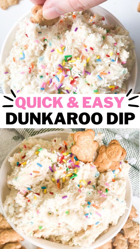 A creamy cake batter dip covered in rainbow sprinkles in a small bowl with someone dipping teddygrahms in it. Easy Birthday Snacks For Kids, Easy Dunkaroo Dip, Dunkaroo Dip Recipe Cream Cheese, Healthy Dunkaroo Dip, Teddy Gram Dip, Scooby Snack Dip, Homemade Dunkaroo Dip, Kid Friendly Dips, Kindergarten Birthday Treats