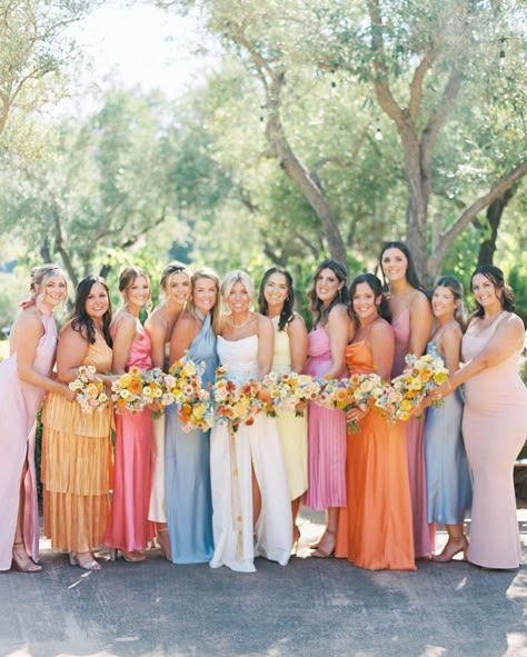 Garden Inspired Wedding Dress, Colorful Wedding Isles, Colorful Garden Wedding Bridesmaid, Colorful Wedding Palettes, Multi Color Spring Wedding, June Wedding Bridesmaid Dress Colors, Tuscany Bridesmaid Dresses, Wedding Colors Fuschia, Colorful Spring Bridesmaid Dresses