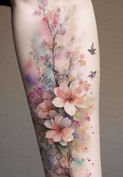 Watercolour Floral Tattoo, Feminine Half Sleeve Tattoo Forearm, Watercolor Flowers Tattoo, Pastel Tattoo Ideas, Flower Tattoos With Color, Pelvis Tattoos Women, Wildflower Tattoo Sleeve, Bright Flower Tattoos, Bright Colorful Tattoos