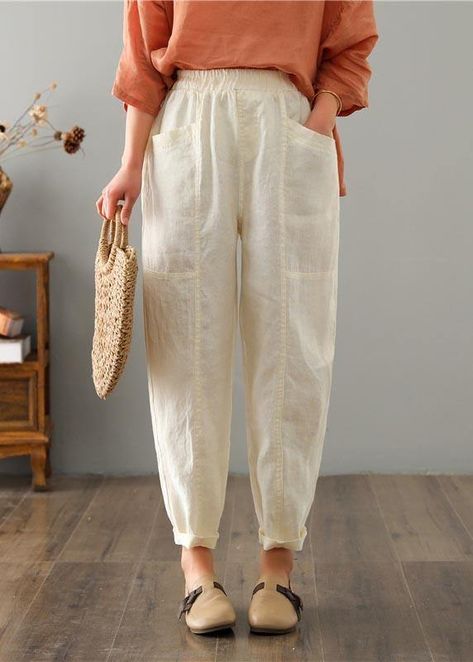 Cotton Pants Women, Linen Pants Outfit, Womens Pants Design, Cloth Design, Linen Fashion, Cotton Linen Pants, Pants Summer, Linen Trousers, Pants Design