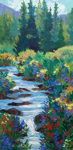 Summer On Blue Creek by Laura Reilly, Acrylic, 24 x 12 Arte Van Gogh, Landscape Paintings Acrylic, Beginner Painting, Art Inspiration Painting, Painting Inspo, Painting Art Projects, Nature Paintings, Artsy Fartsy, Abstract Expressionism